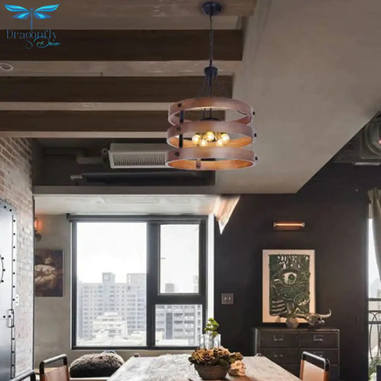 Brown 5 Heads Chandelier Lighting Rustic Wooden Round Suspension Lamp For Dining Room