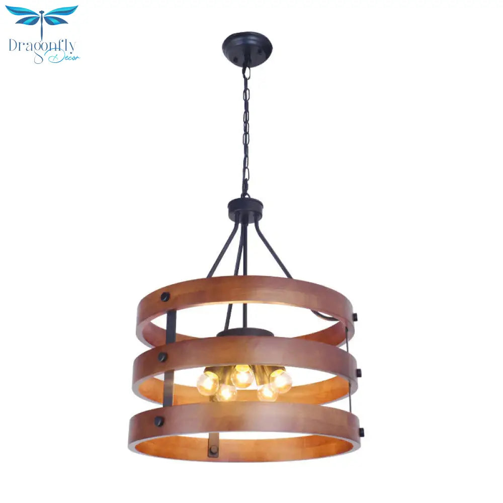 Brown 5 Heads Chandelier Lighting Rustic Wooden Round Suspension Lamp For Dining Room