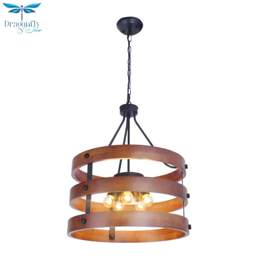 Brown 5 Heads Chandelier Lighting Rustic Wooden Round Suspension Lamp For Dining Room