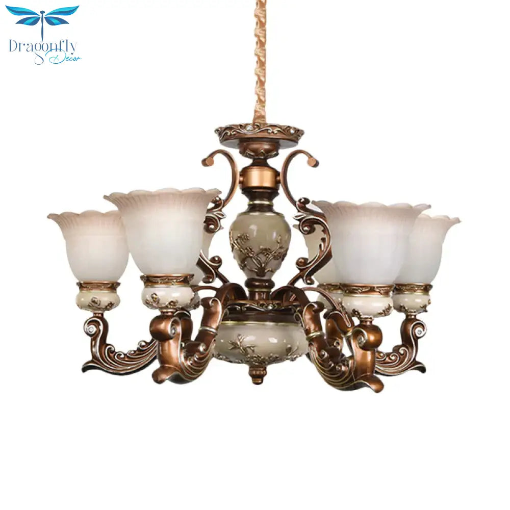 Brown 6/8 Heads Ceiling Chandelier Traditional Style Milky Glass Flower Shaped Hanging Pendant