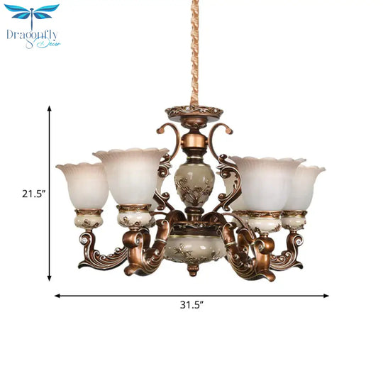 Brown 6/8 Heads Ceiling Chandelier Traditional Style Milky Glass Flower Shaped Hanging Pendant