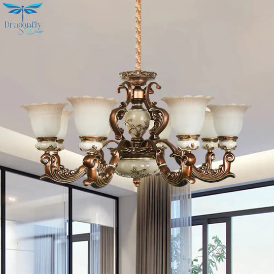 Brown 6/8 Heads Ceiling Chandelier Traditional Style Milky Glass Flower Shaped Hanging Pendant