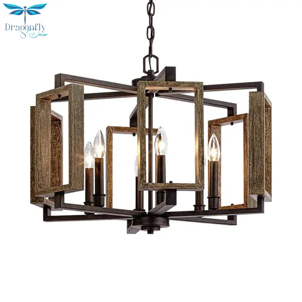 Brown 6 Lights Chandelier Lighting Rustic Metal Rectangular Pendant Lamp For Bedroom