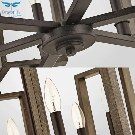 Brown 6 Lights Chandelier Lighting Rustic Metal Rectangular Pendant Lamp For Bedroom