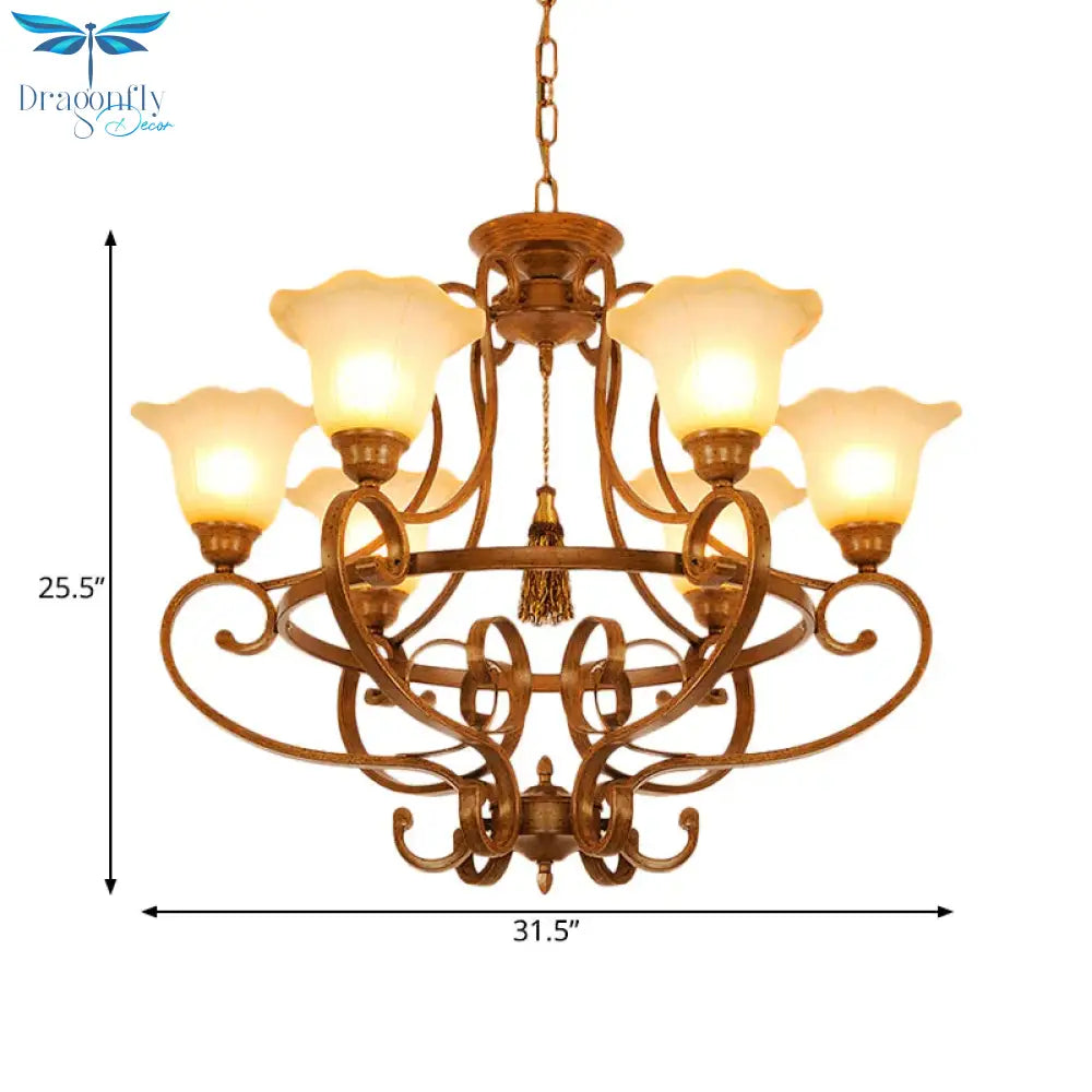 Brown 6 Lights Hanging Chandelier Traditional Frosted Glass Flared Pendant Lighting Fixture With