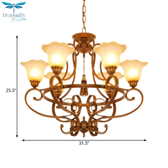 Brown 6 Lights Hanging Chandelier Traditional Frosted Glass Flared Pendant Lighting Fixture With