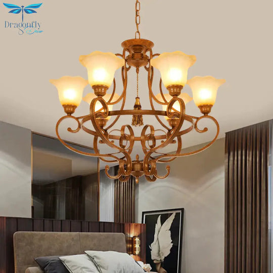 Brown 6 Lights Hanging Chandelier Traditional Frosted Glass Flared Pendant Lighting Fixture With