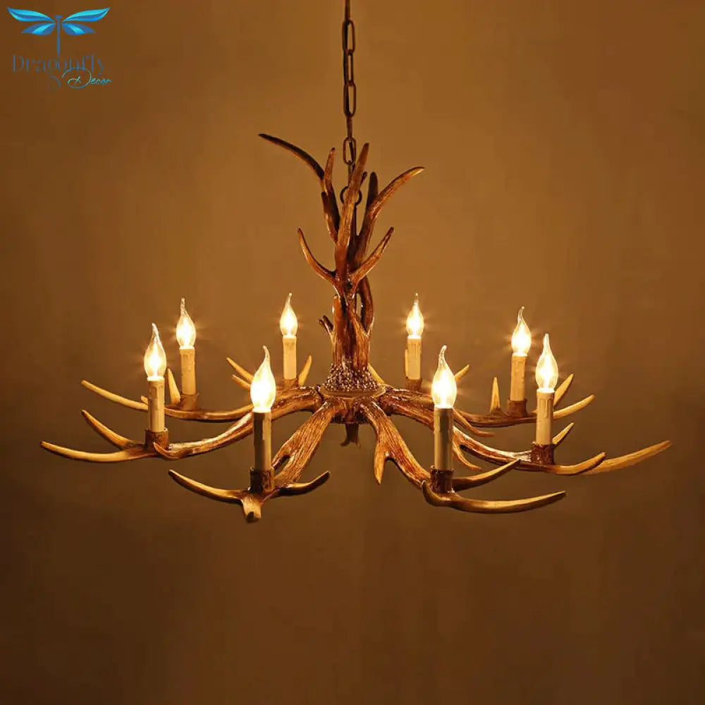 Brown 8 - Head Antler Hanging Light Lodge Resin Bare Bulb Design Ceiling Chandelier