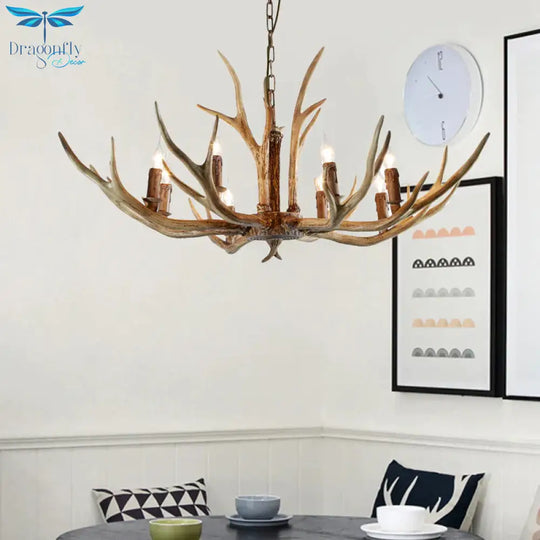 Brown 8 Lights Chandelier Lighting Rural Resin Candelabra Pendant Lamp With Antler Accent For