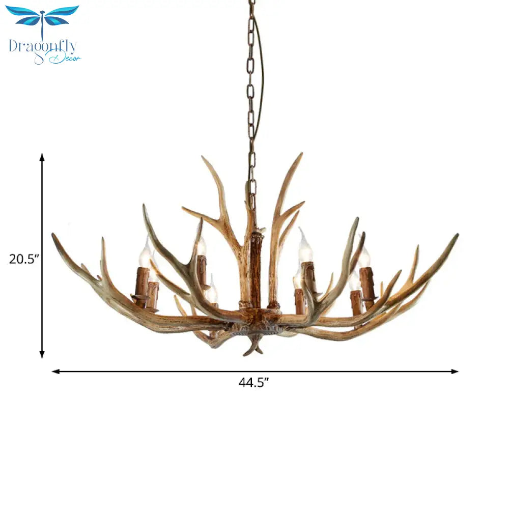 Brown 8 Lights Chandelier Lighting Rural Resin Candelabra Pendant Lamp With Antler Accent For