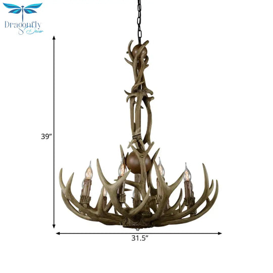 Brown 9 Lights Hanging Chandelier Rustic Resin Candle Ceiling Suspension Lamp With Antler Design