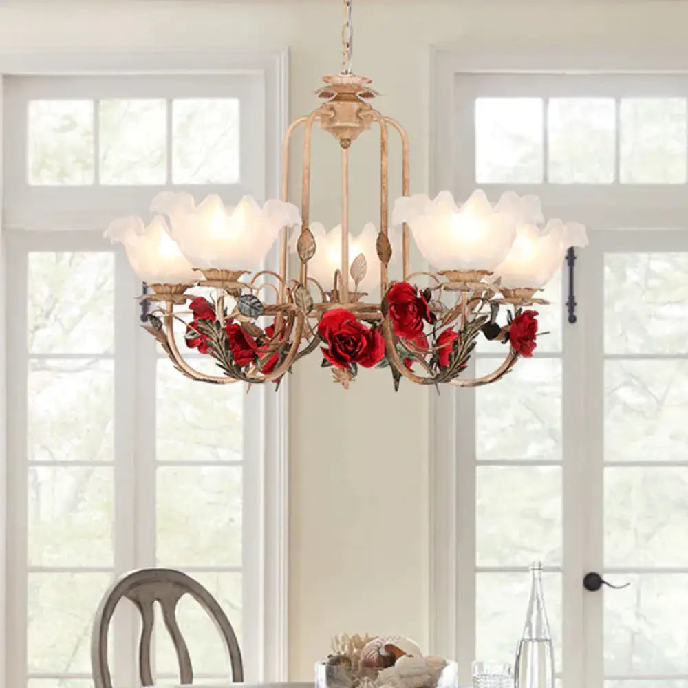 Brown Bloom Chandelier Light Fixture Countryside Metal 3/5/7 Lights Dining Room Hanging Pendant 5 /