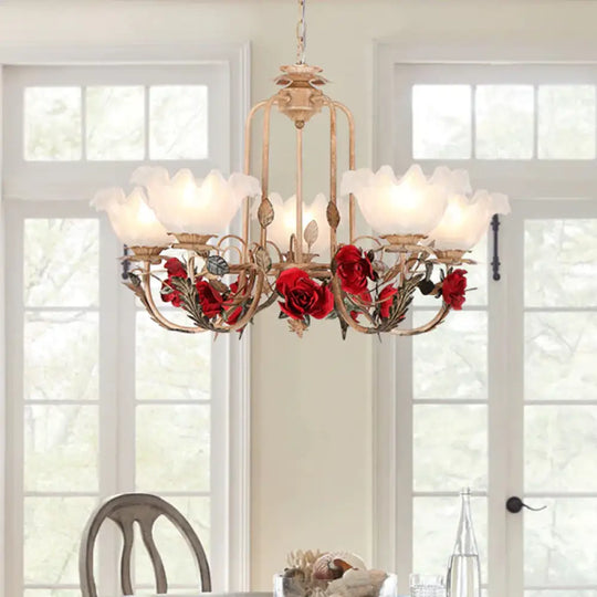 Brown Bloom Chandelier Light Fixture Countryside Metal 3/5/7 Lights Dining Room Hanging Pendant 5 /
