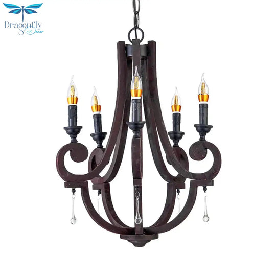 Brown Candle Pendant Chandelier Rural Wooden 5 Heads Restaurant Hanging Ceiling Light