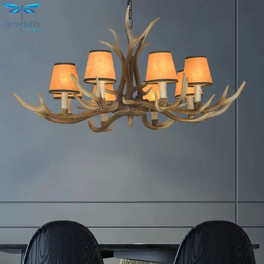 Brown Conical Shade Pendant Chandelier Rural Resin 4/6/8 Heads Dining Room Hanging Ceiling Light