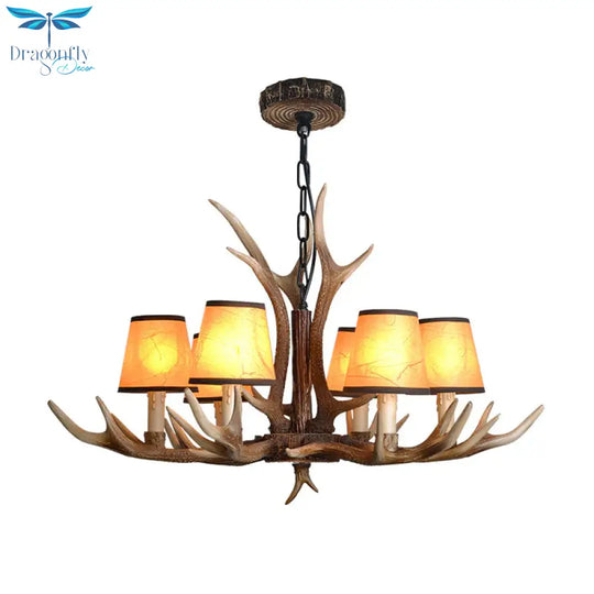 Brown Conical Shade Pendant Chandelier Rural Resin 4/6/8 Heads Dining Room Hanging Ceiling Light