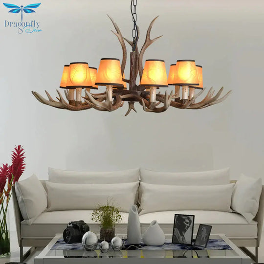 Brown Conical Shade Pendant Chandelier Rural Resin 4/6/8 Heads Dining Room Hanging Ceiling Light