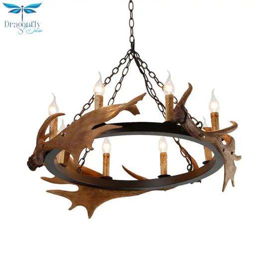 Brown Faux Antler Pendant Chandelier Rustic Resin 6/8 Heads Bedroom Hanging Ceiling Light
