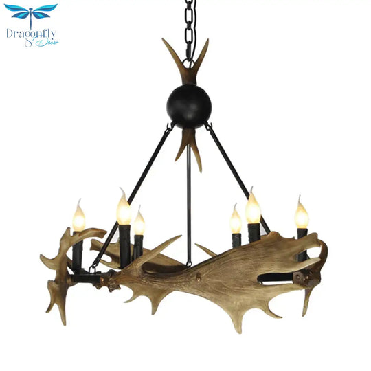 Brown Faux Antler Pendant Chandelier Rustic Resin 6/8 Heads Bedroom Hanging Ceiling Light