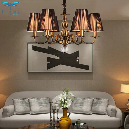 Brown Gathered Fabric Shade Chandelier Lamp Vintage 6/8 Lights Living Room Suspension Light