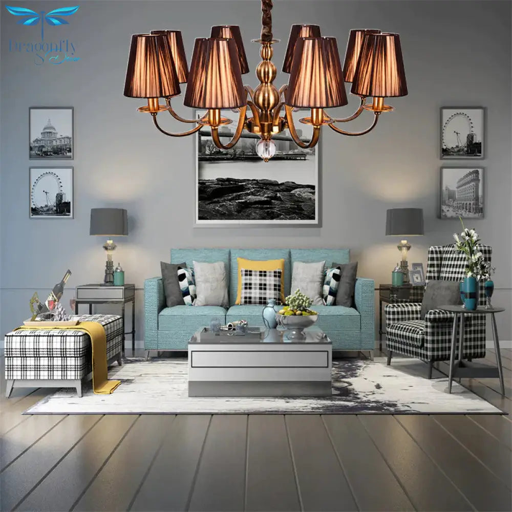 Brown Gathered Fabric Shade Chandelier Lamp Vintage 6/8 Lights Living Room Suspension Light
