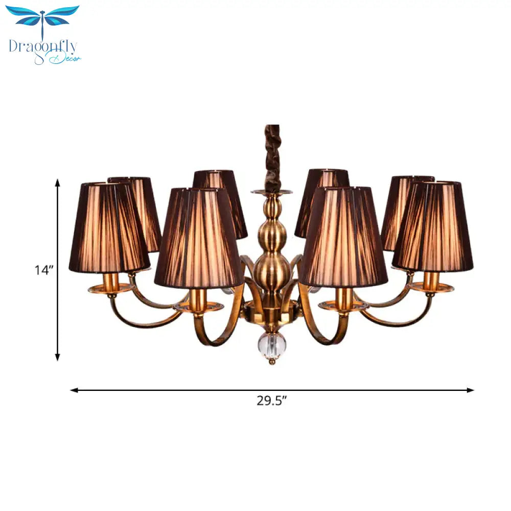 Brown Gathered Fabric Shade Chandelier Lamp Vintage 6/8 Lights Living Room Suspension Light