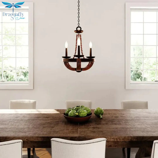 Brown Open Bulb Empire Chandelier Light Traditional Style 3 Heads Wood Hanging Fixture With Bead