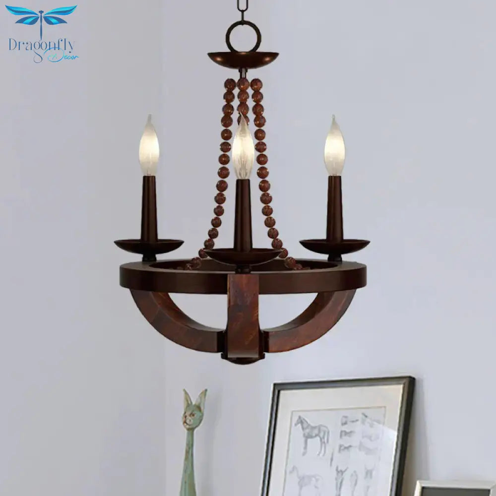 Brown Open Bulb Empire Chandelier Light Traditional Style 3 Heads Wood Hanging Fixture With Bead