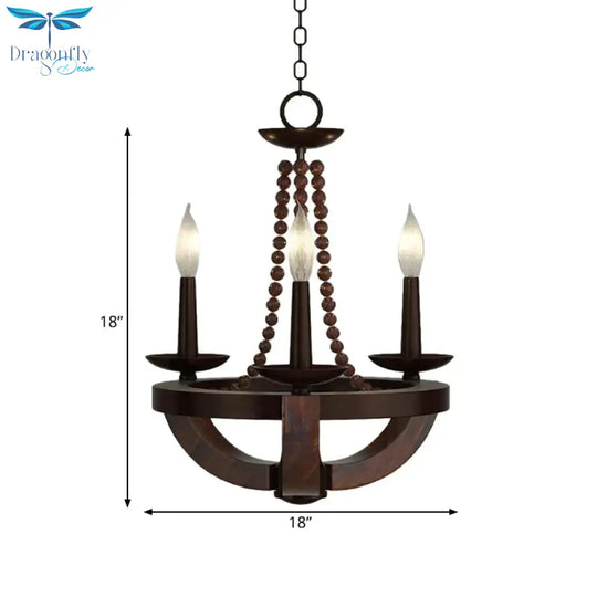 Brown Open Bulb Empire Chandelier Light Traditional Style 3 Heads Wood Hanging Fixture With Bead