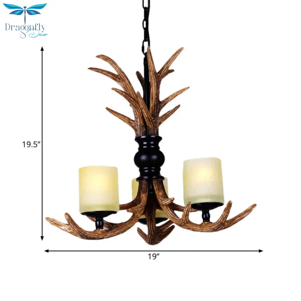 Brown Resin Deer Antler 3 Bulbs Living Room Hanging Pendant Lamp With White Frosted Glass