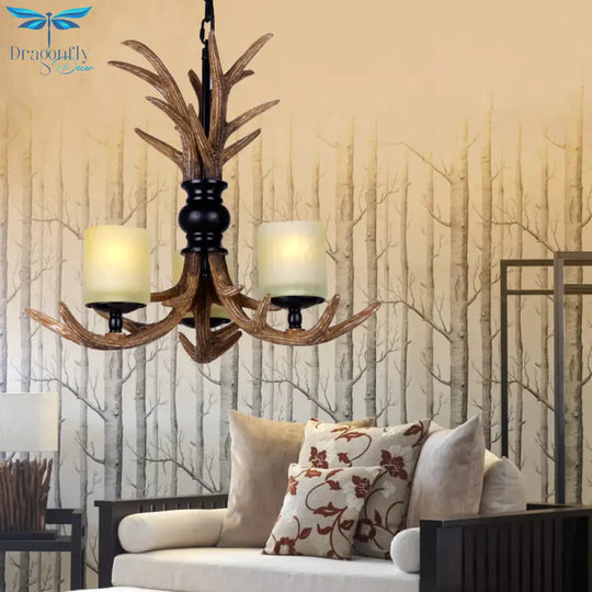 Brown Resin Deer Antler 3 Bulbs Living Room Hanging Pendant Lamp With White Frosted Glass