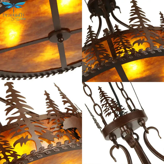 Brown Round Chandelier Lamp Country Metal 3 Lights Living Room Hanging Light With Tree Pattern