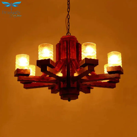 Brown Sputnik Hanging Chandelier Rustic Wood 8 Lights Living Room Ceiling Fixture With Cylinder