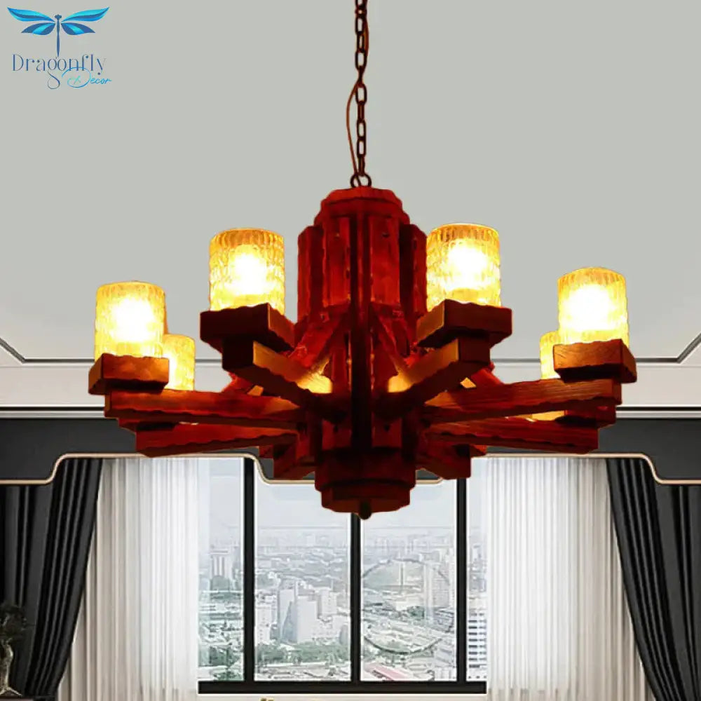 Brown Sputnik Hanging Chandelier Rustic Wood 8 Lights Living Room Ceiling Fixture With Cylinder