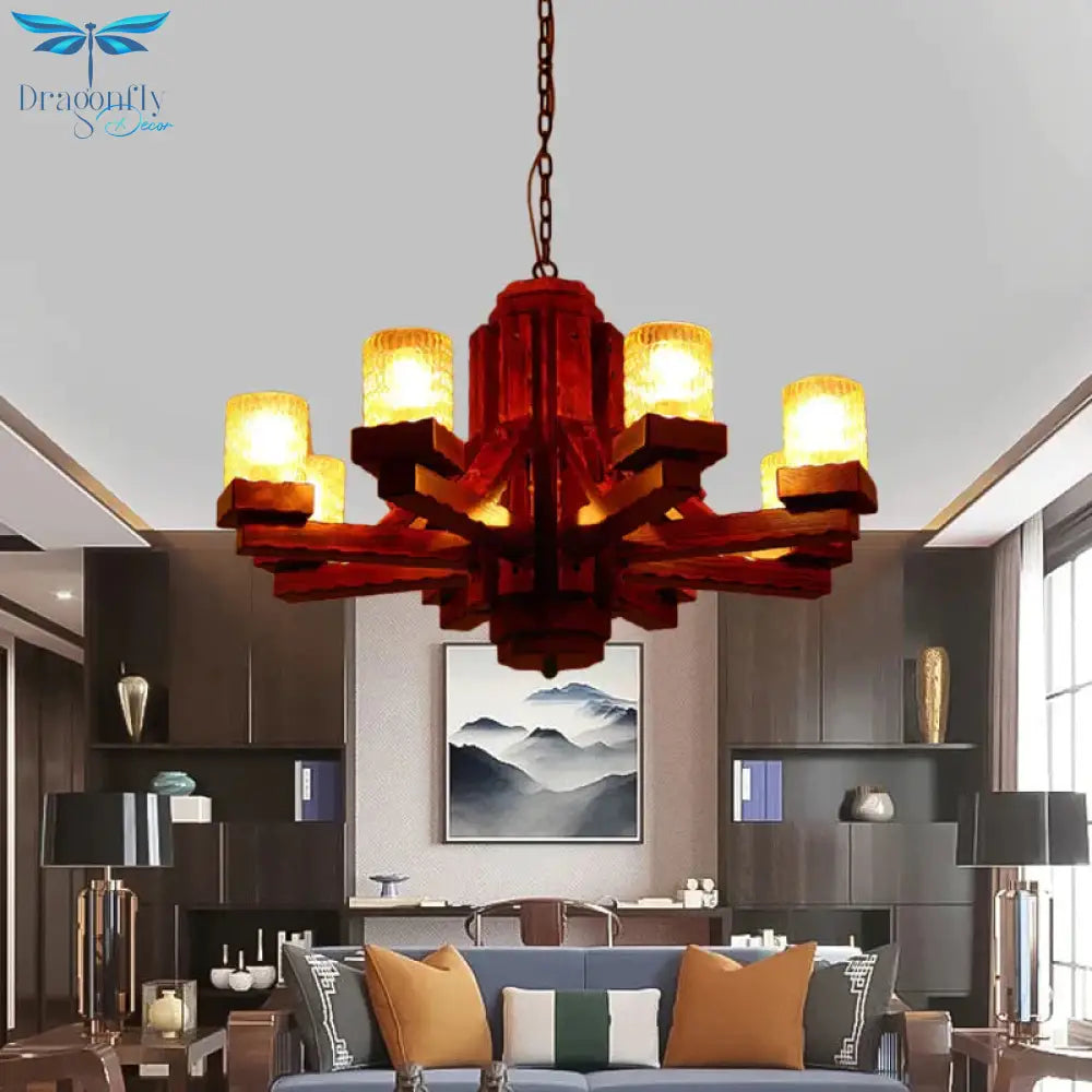 Brown Sputnik Hanging Chandelier Rustic Wood 8 Lights Living Room Ceiling Fixture With Cylinder