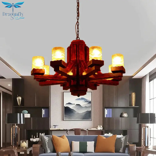 Brown Sputnik Hanging Chandelier Rustic Wood 8 Lights Living Room Ceiling Fixture With Cylinder