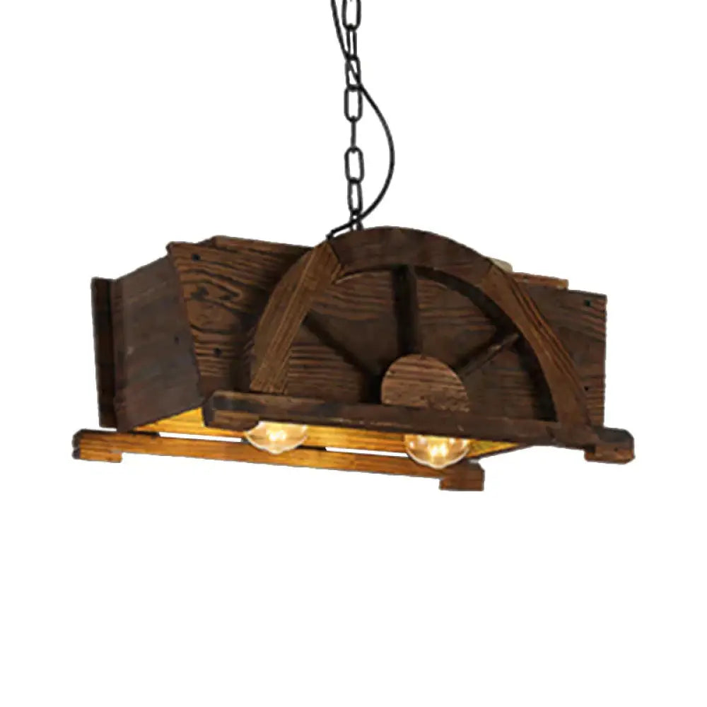 Brown Wood Rectangle Hanging Light 2 - Bulb Antique Ceiling Fixture For Restaurant