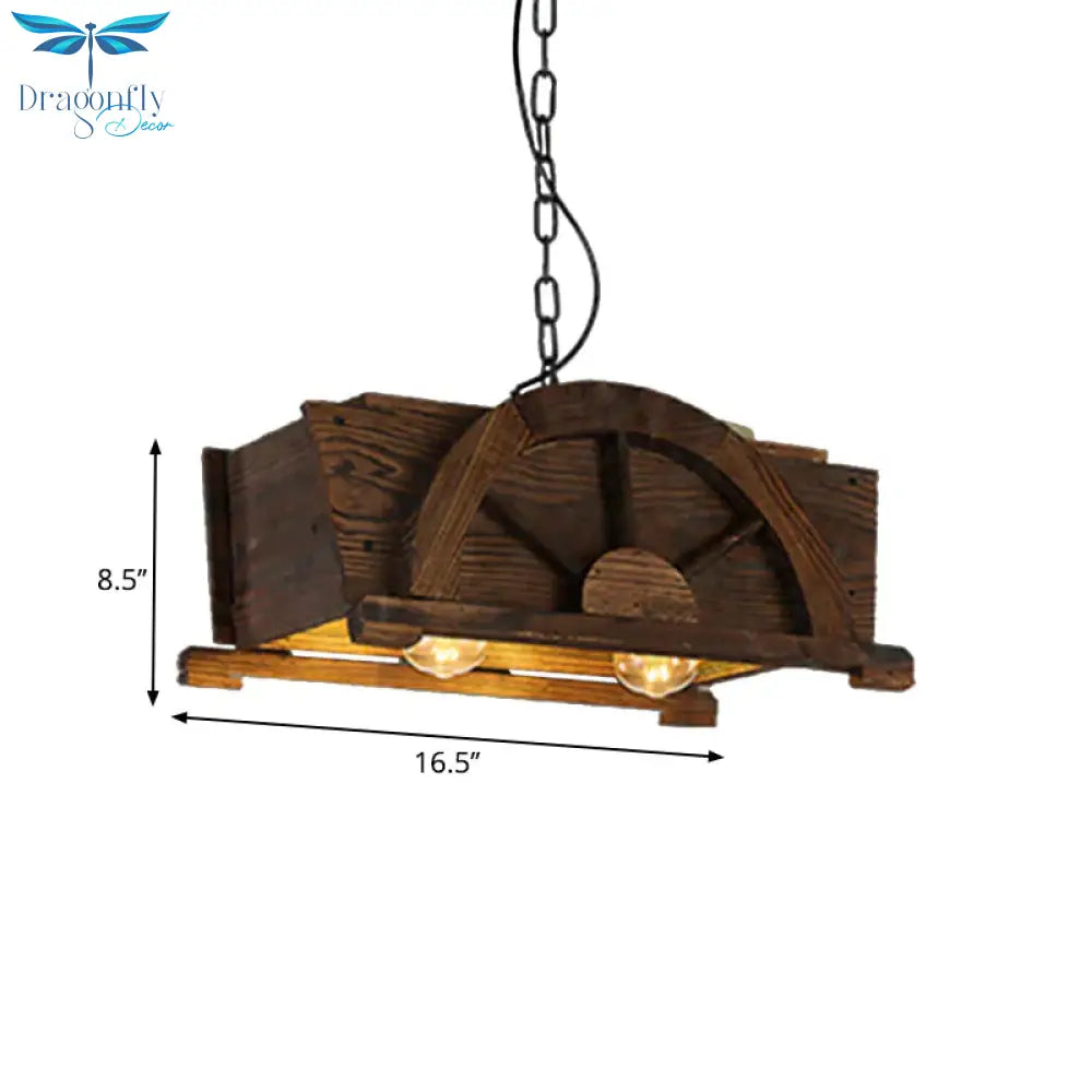 Brown Wood Rectangle Hanging Light 2 - Bulb Antique Ceiling Fixture For Restaurant