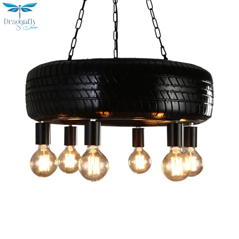 Cafe Car Tire Pendant Lamp Rubber 6 Lights Vintage Stylish Chandelier In Black
