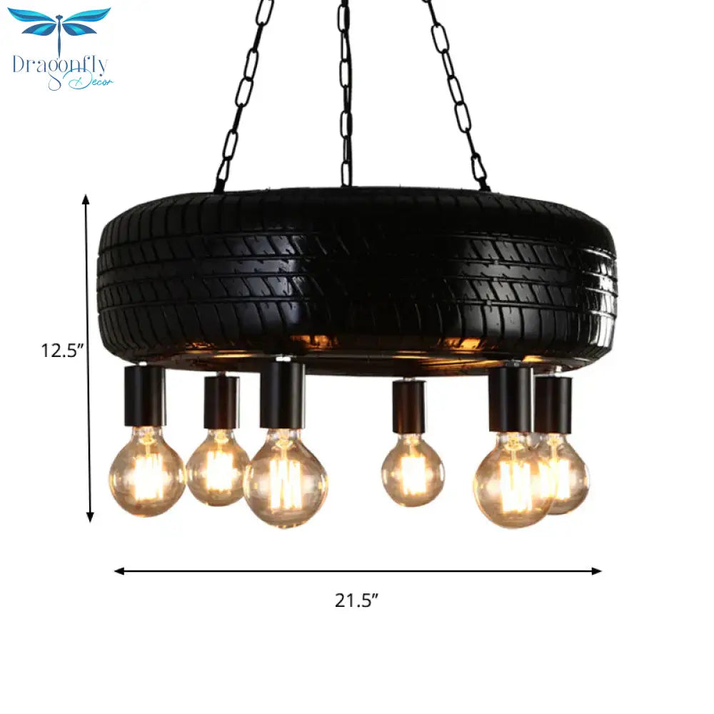 Cafe Car Tire Pendant Lamp Rubber 6 Lights Vintage Stylish Chandelier In Black