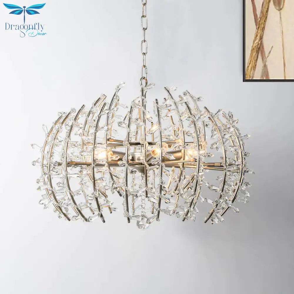 Caged Dining Room Chandelier Pendant Light Traditional Crystal 5 Lights Silver Ceiling Lamp