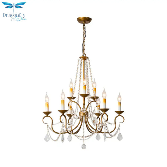 Candelabra Bedroom Chandelier Pendant Light Rustic Crystal 6/9 Lights Brass Down Lighting