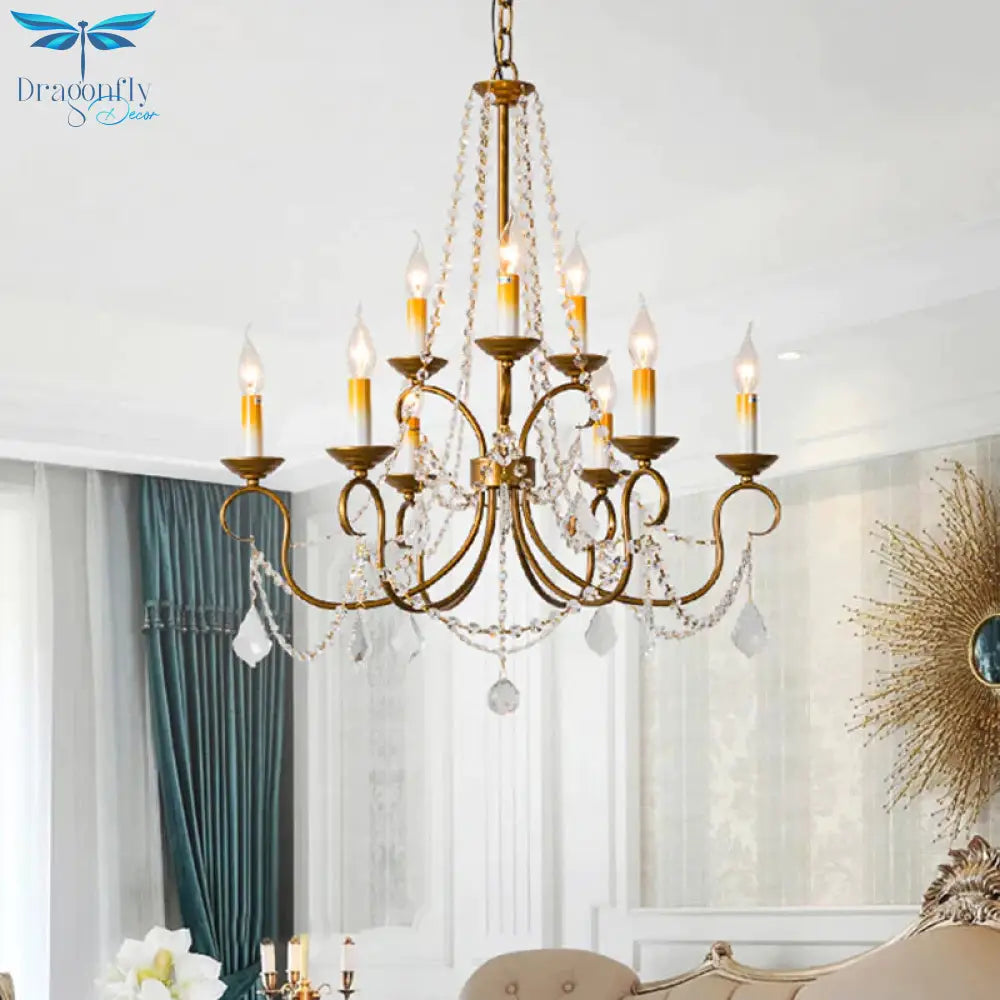 Candelabra Bedroom Chandelier Pendant Light Rustic Crystal 6/9 Lights Brass Down Lighting