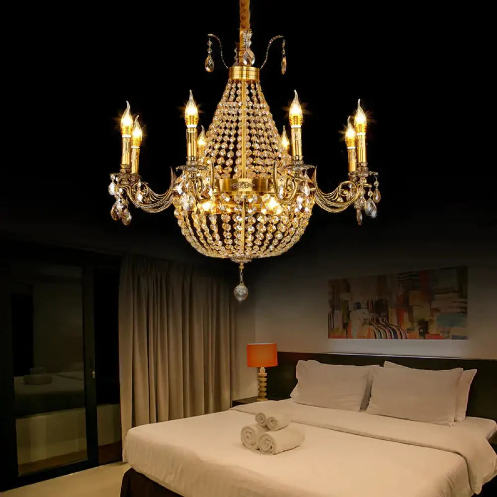 Candelabra Hanging Light Contemporary Metal 2/6/8 Lights Gold Chandelier With Crystal Strand
