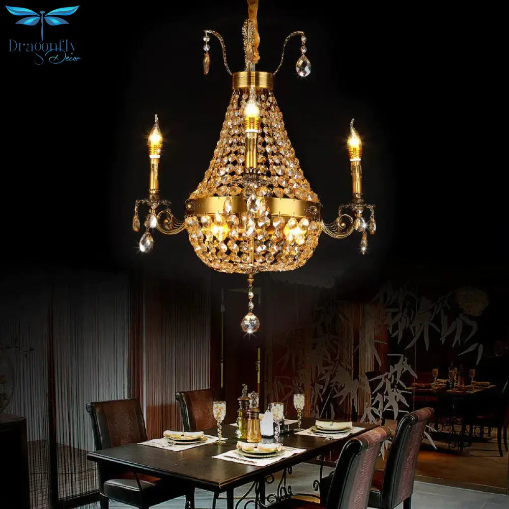 Candelabra Hanging Light Contemporary Metal 2/6/8 Lights Gold Chandelier With Crystal Strand