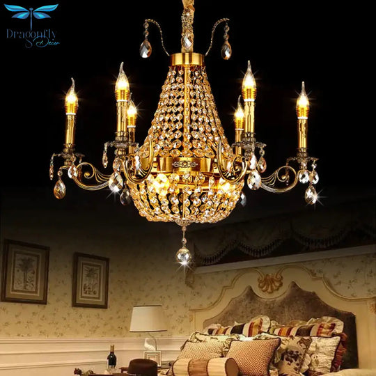 Candelabra Hanging Light Contemporary Metal 2/6/8 Lights Gold Chandelier With Crystal Strand