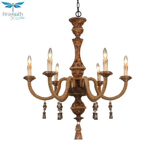 Candelabra Metal Ceiling Light Rustic 6 - Bulb Living Room Pendant Chandelier In Brown