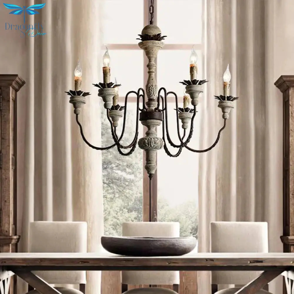 Candelabra Wood Hanging Light With Gooseneck Arm Minimalism 6 - Bulb Restaurant Chandelier Lighting
