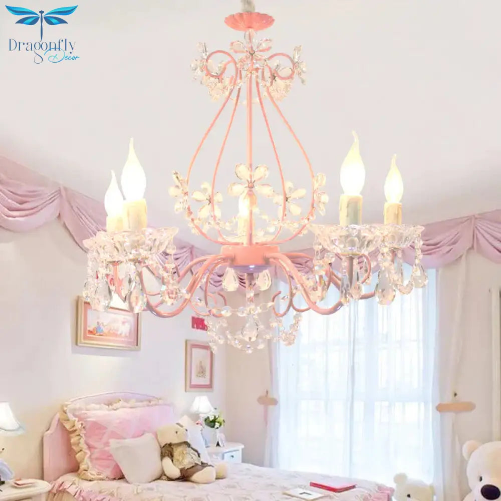 Candle Bedroom Ceiling Chandelier Traditional K9 Crystal 3/5 Heads Pink Hanging Light Fixture