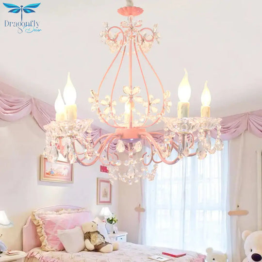 Candle Bedroom Ceiling Chandelier Traditional K9 Crystal 3/5 Heads Pink Hanging Light Fixture